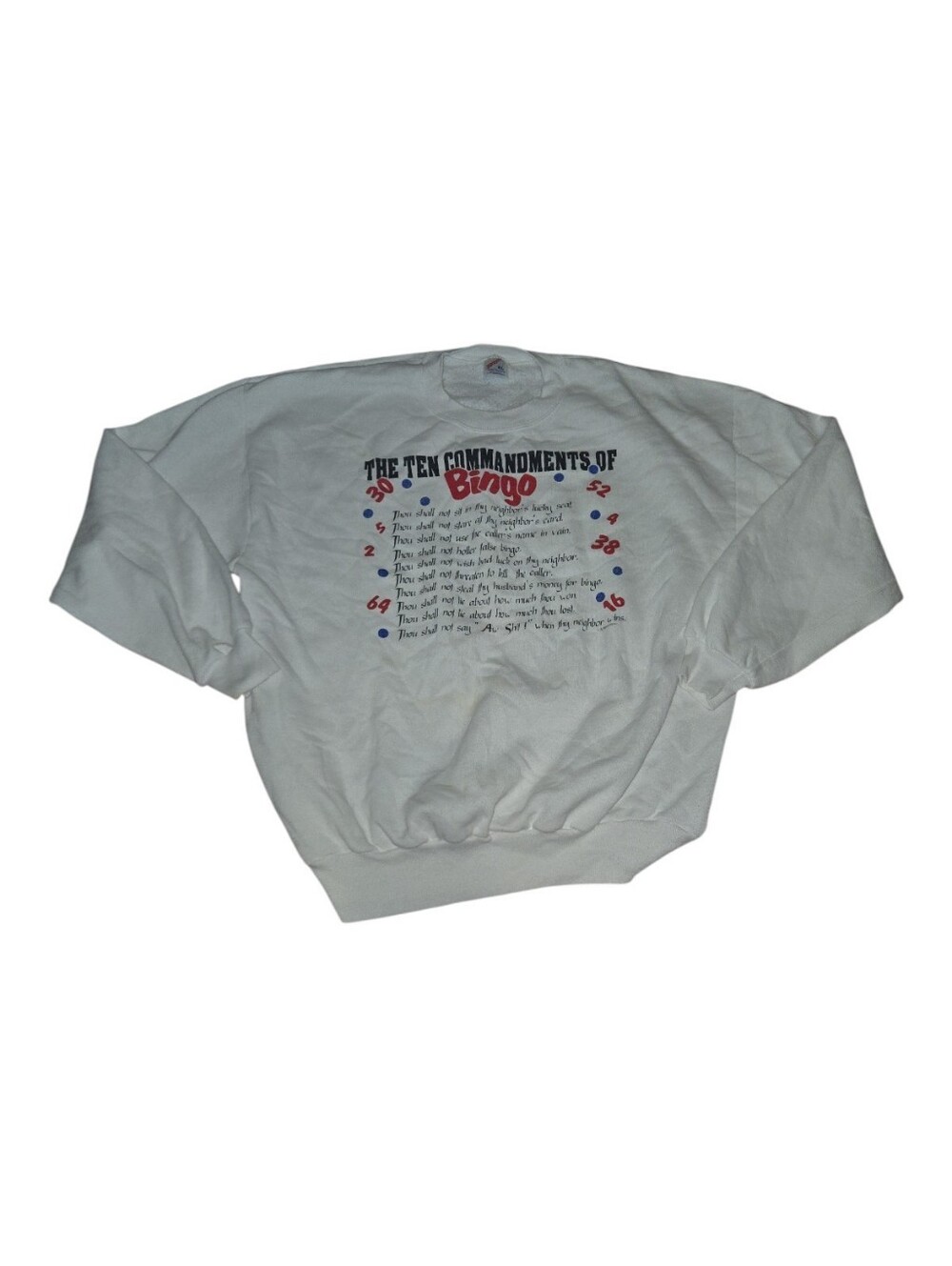 Vintage White 'The Ten Commandments of Bingo' Crewneck Sweatshirt Size XL